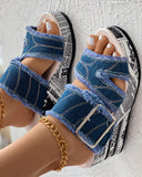 Newspaper Buckled Denim Wedge Slippers Women Sandals