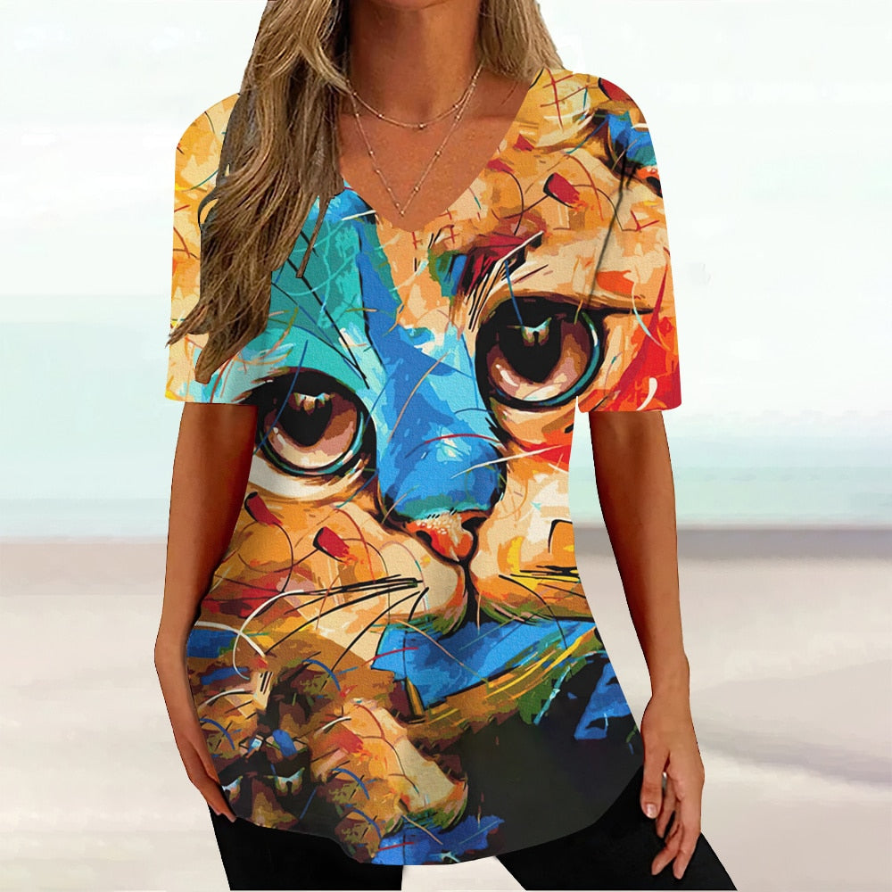Colourful Cat painting print Tie-dye Graphic  V-Neck  Female Tees