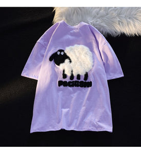 Cute Cartoon Black Sheep Embroidered women's T-Shirts