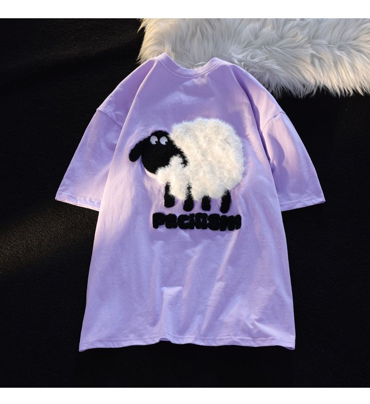 Cute Cartoon Black Sheep Embroidered women's T-Shirts