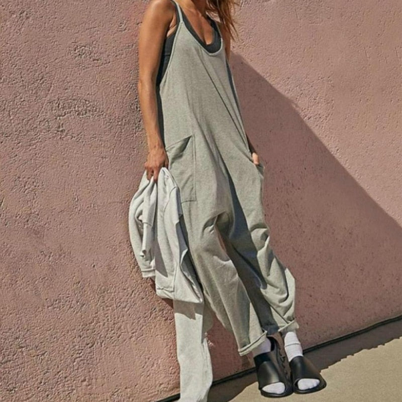 Women Casual Jumpsuit Summer Solid Loose Wide Leg Pants Bib Overall Pocket - myfunfarm