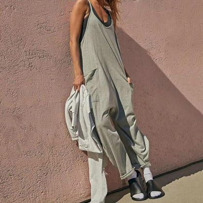 Women Casual Jumpsuit Summer Solid Loose Wide Leg Pants Bib Overall Pocket - myfunfarm