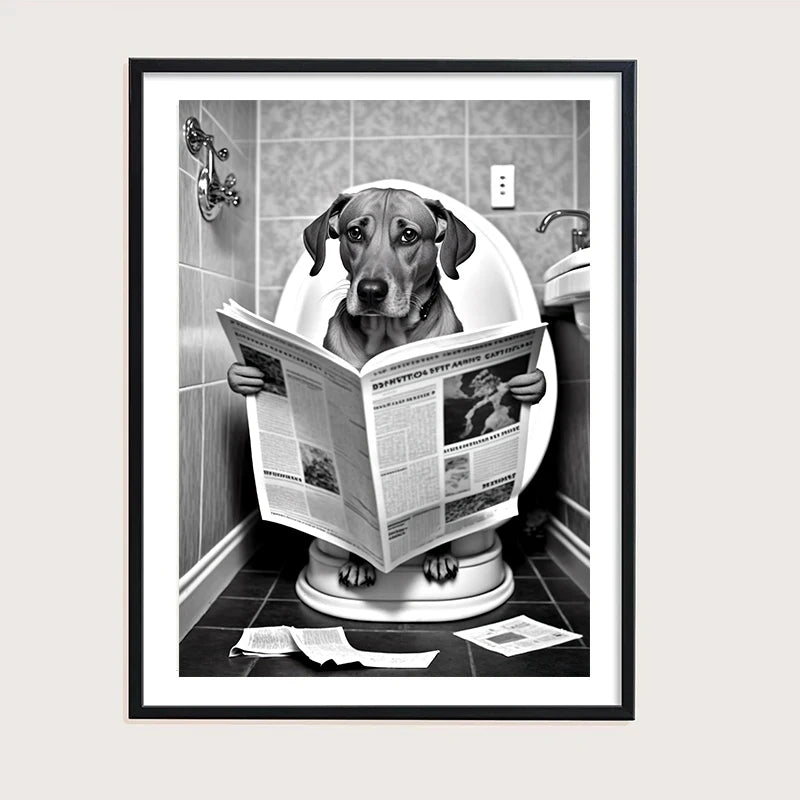 Funny Bathroom Humorous Animal Wall Decor Cow Bear Dog Tiger Sitting on Toilet Reading Newspaper Poster Art Print Canvas Painting - myfunfarm