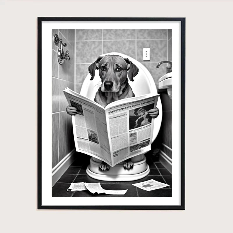 Funny Bathroom Humorous Animal Wall Decor Cow Bear Dog Tiger Sitting on Toilet Reading Newspaper Poster Art Print Canvas Painting