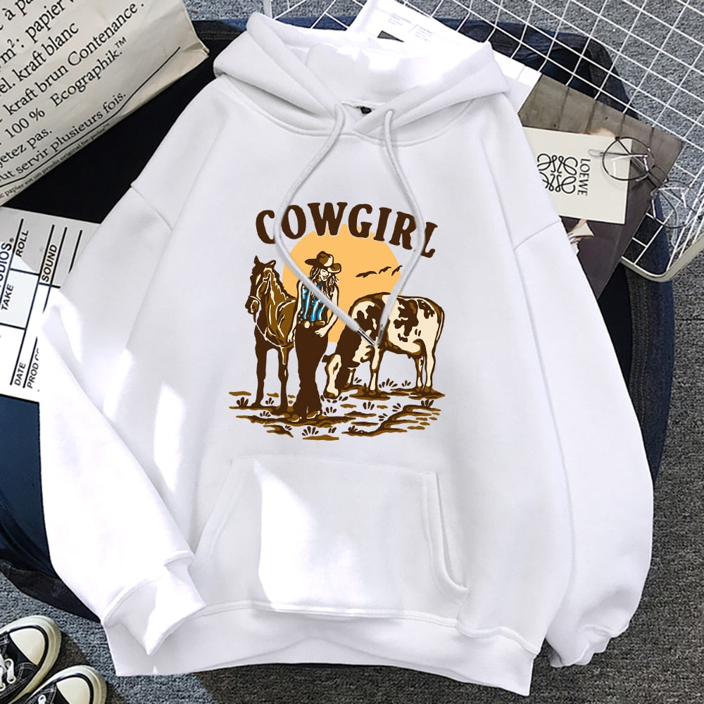 The Cowgirl And Her Cow And Horse Live In The West Hoodies