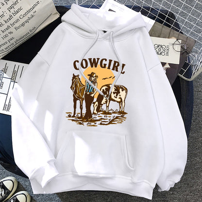 The Cowgirl And Her Cow And Horse Live In The West Hoodies