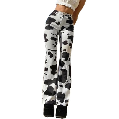Cow Pattern High Waist Straight Jeans Women