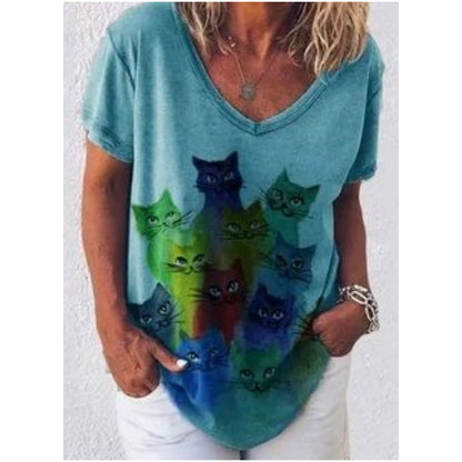 T-Shirt Cat Graphic V-neck Short Sleeve Tees Female