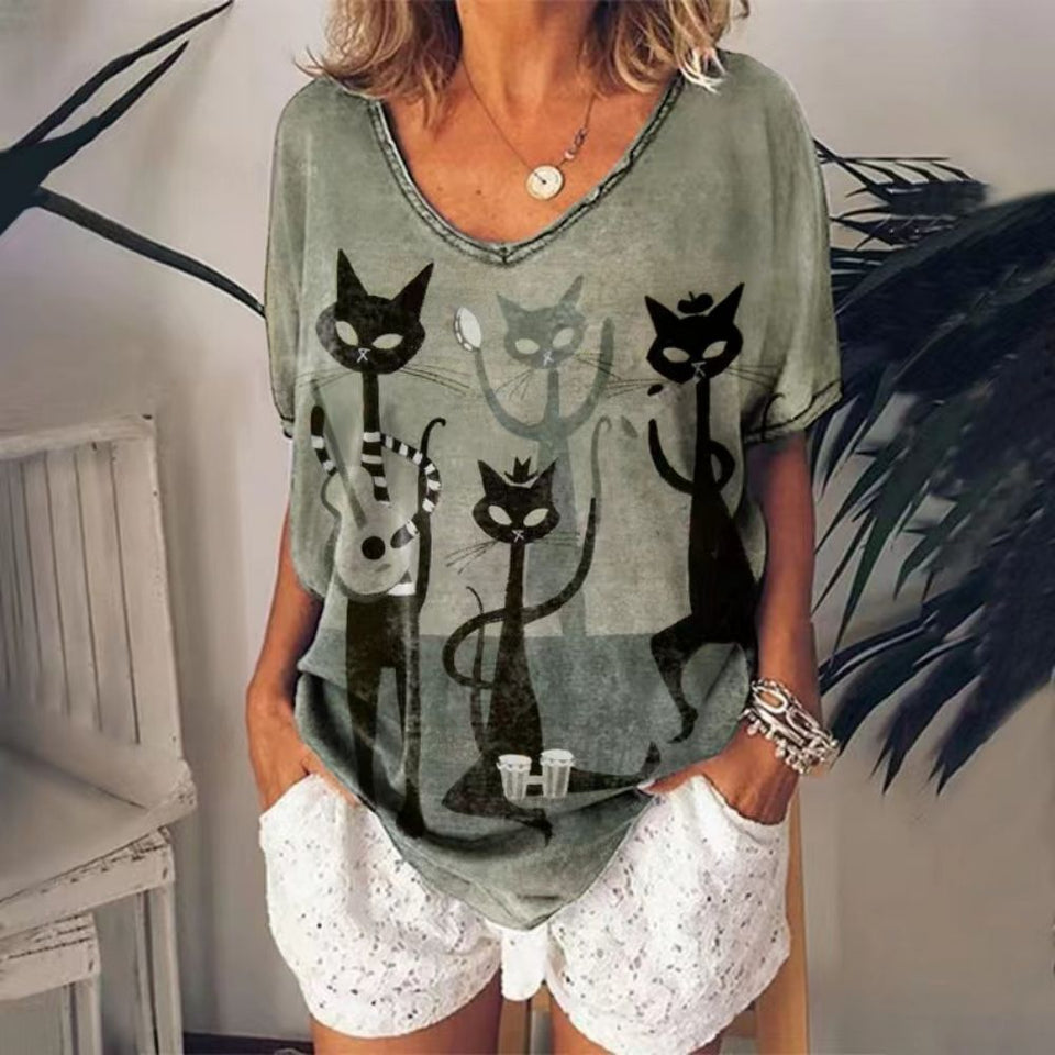 T-Shirt Cat Graphic V-neck Short Sleeve Tees Female