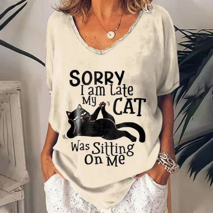 T-Shirt Cat Graphic V-neck Short Sleeve Tees Female