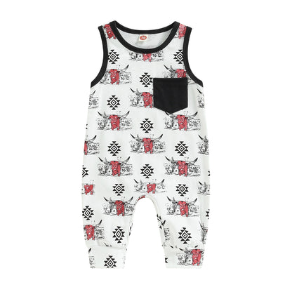 Baby Western Cowboy Jumpsuits Cartoon Cattle Print