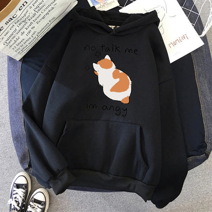 No Talk Me Cute Angry Cute Cat Print Soft HoodieOversize Fleece Women
