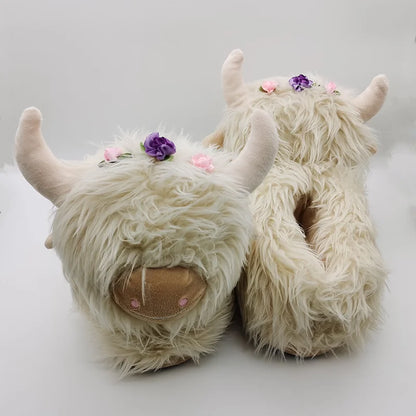 Highland Cow Fashion Plush Slippers, Fluffy Cute Warm for Winter Soft Cozy Indoor
