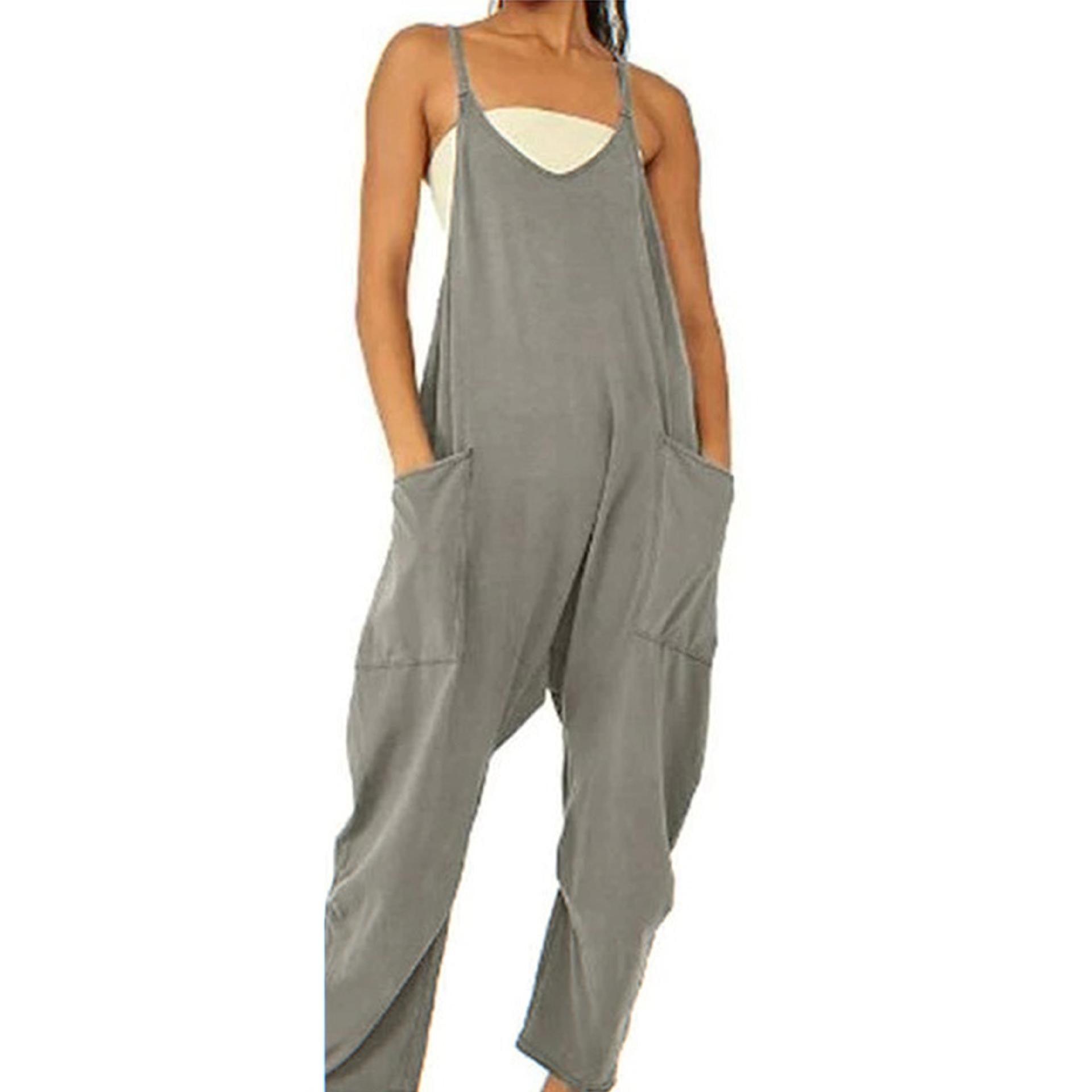 Women Casual Jumpsuit Summer Solid Loose Wide Leg Pants Bib Overall Pocket - myfunfarm