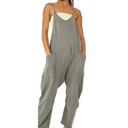 Women Casual Jumpsuit Summer Solid Loose Wide Leg Pants Bib Overall Pocket - myfunfarm