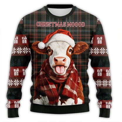 Santa Hat Cute Cow Printed Ugly Christmas Sweater - myfunfarm