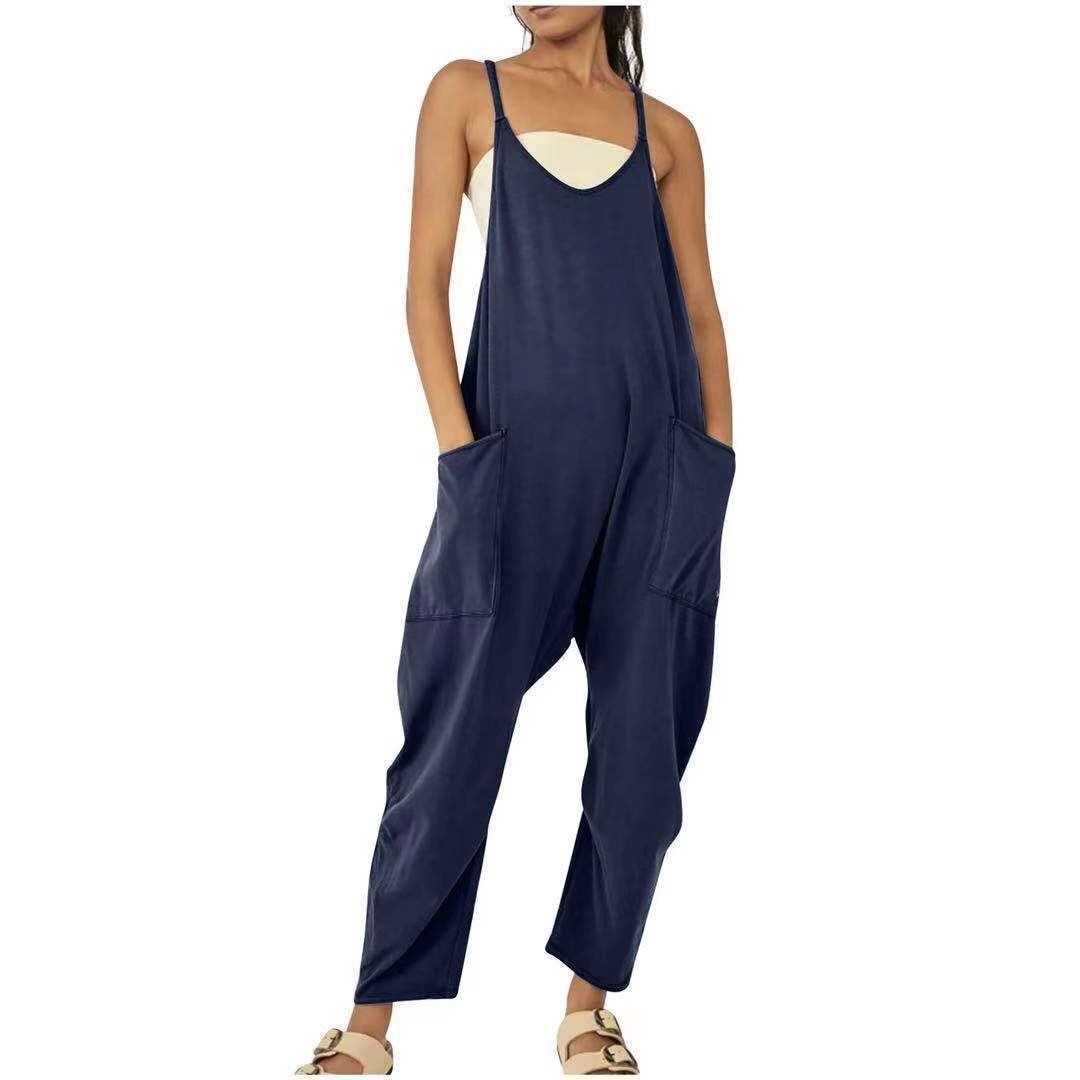 Women Casual Jumpsuit Summer Solid Loose Wide Leg Pants Bib Overall Pocket - myfunfarm