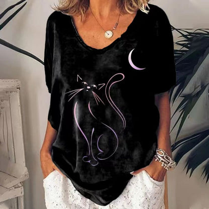 T-Shirt Cat Graphic V-neck Short Sleeve Tees Female - myfunfarm