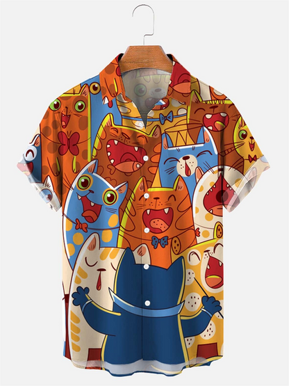 Hawaiian Shirt Cute Cartoon Cat print - myfunfarm