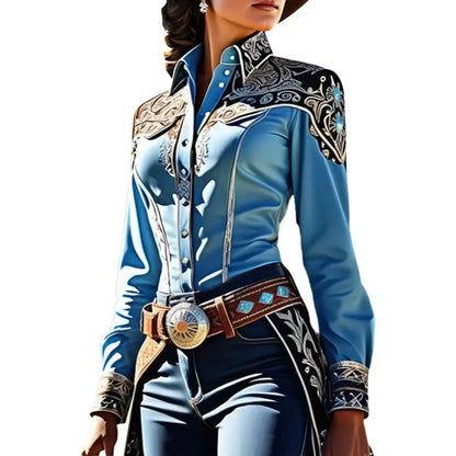 Western Print  Women Long Sleeve Vintage Blouse
