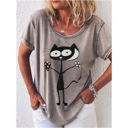 T-Shirt Cat Graphic V-neck Short Sleeve Tees Female - myfunfarm
