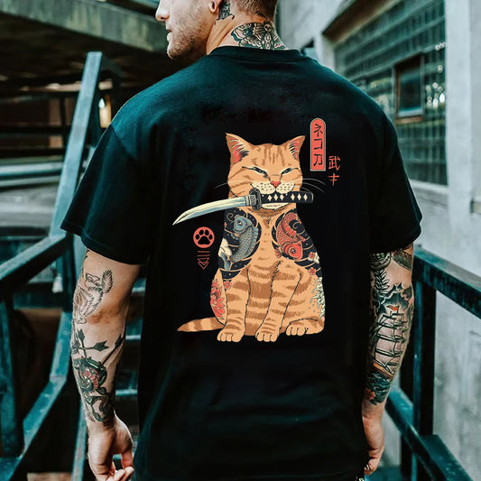 Cartoon Samurai Cat Printed Unisex T-Shirt Harajuku Vintage - myfunfarm