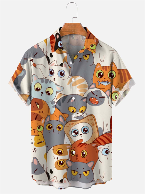 Hawaiian Shirt Cute Cartoon Cat print - myfunfarm