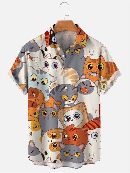 Hawaiian Shirt Cute Cartoon Cat print - myfunfarm