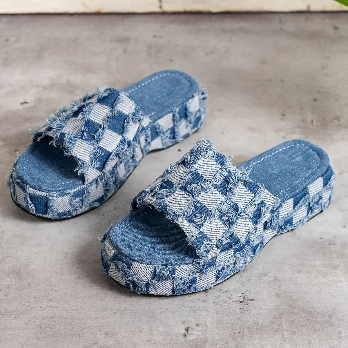 Women Denim Slides Summer Sandals - myfunfarm