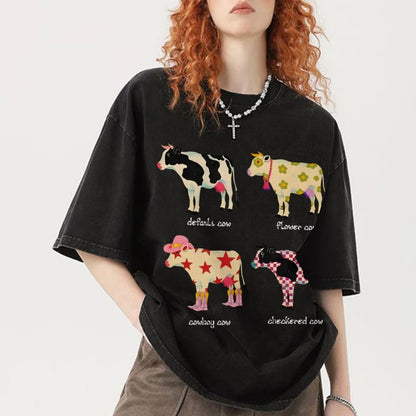 Cute Cartoon Cow Print T-Shirt Pure Cotton Washed - myfunfarm