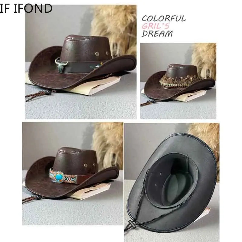Cow Head Decorate Western Cowboy Hat Faux Leather Vintage Gentleman