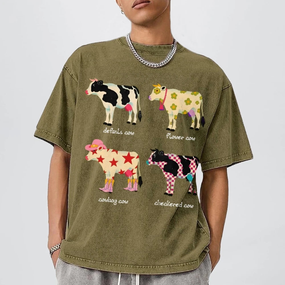 Cute Cartoon Cow Print T-Shirt Pure Cotton Washed - myfunfarm