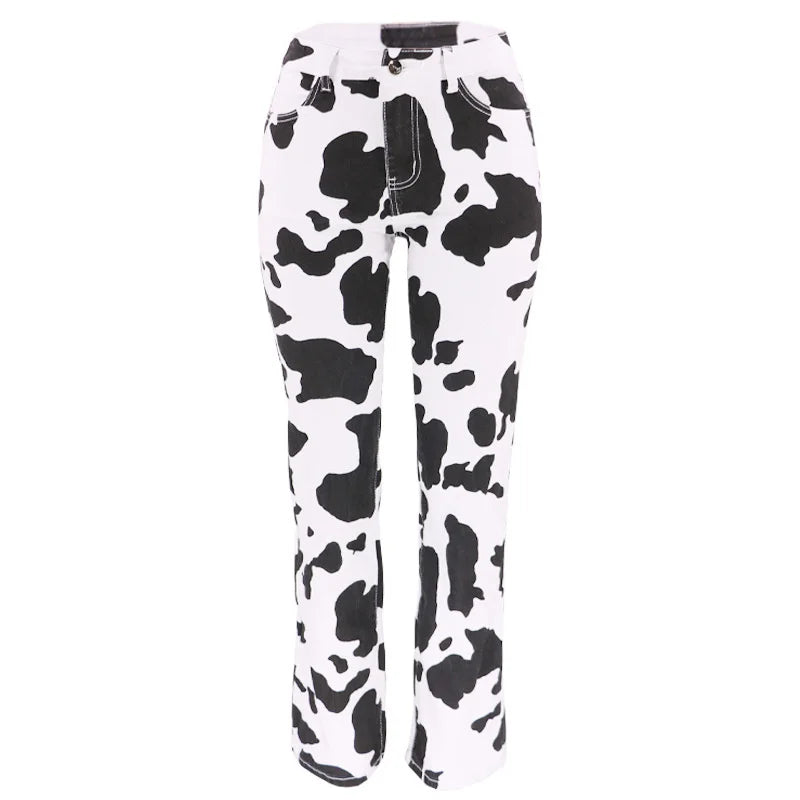 Cow Pattern High Waist Straight Jeans Women