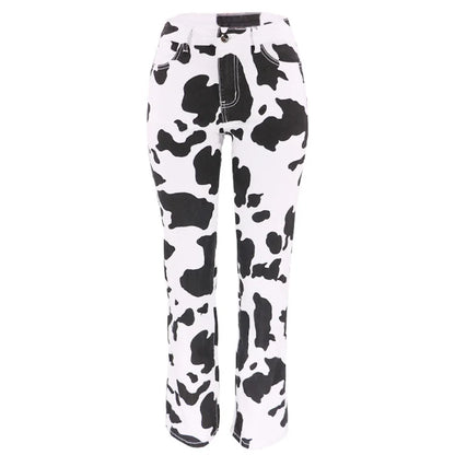 Cow Pattern High Waist Straight Jeans Women