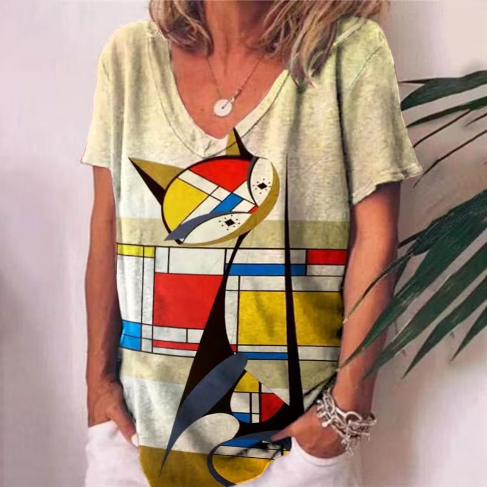 T-Shirt Cat Graphic V-neck Short Sleeve Tees Female