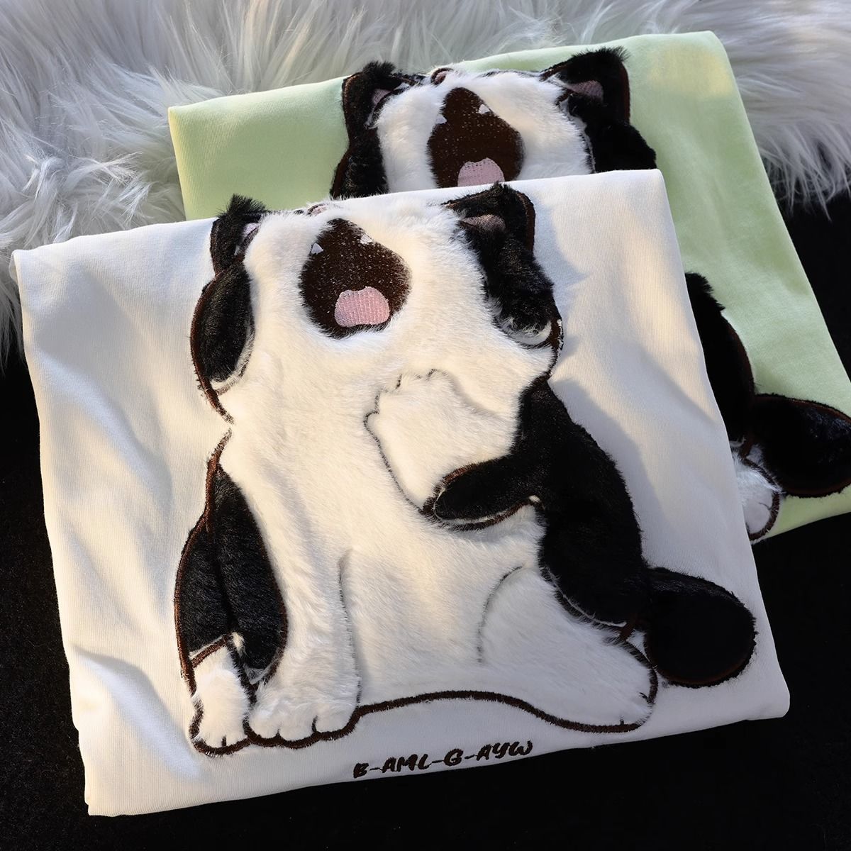 Cute Cat  Plush Embroidered Short Sleeve Women's T-Shirt