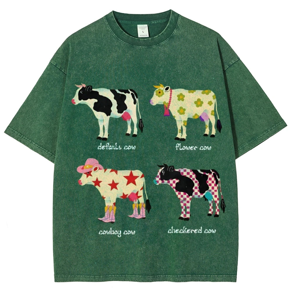 Cute Cartoon Cow Print T-Shirt Pure Cotton Washed - myfunfarm