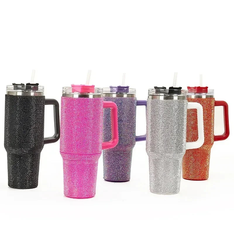 40oz Cow pattern Diamond Tumbler With Handle Insulated  Stainless Steel Coffee - myfunfarm