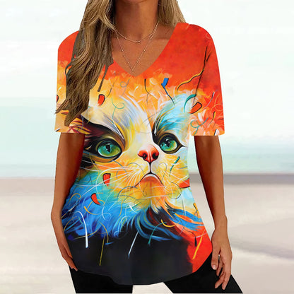 Colourful Cat painting print Tie-dye Graphic  V-Neck  Female Tees