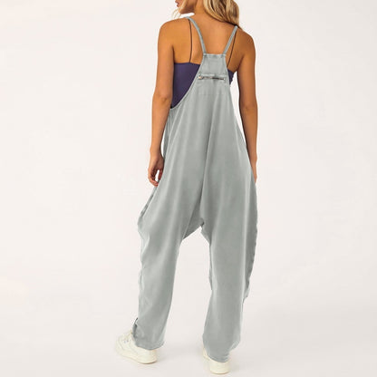 Women Casual Jumpsuit Summer Solid Loose Wide Leg Pants Bib Overall Pocket - myfunfarm