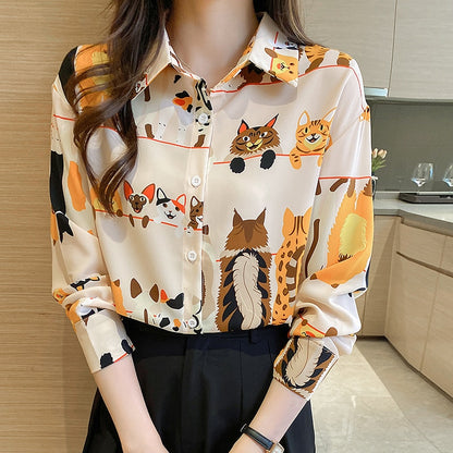 Cute cat pattern printing Long sleeve blouses  for women - myfunfarm