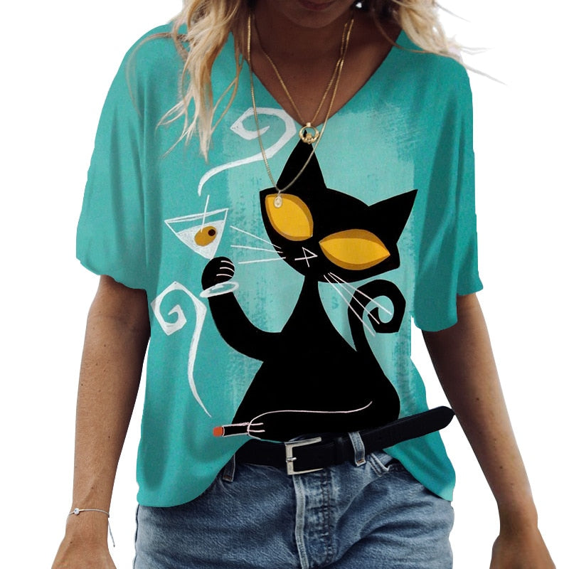 Cartoon Cats Print Women T-Shirt