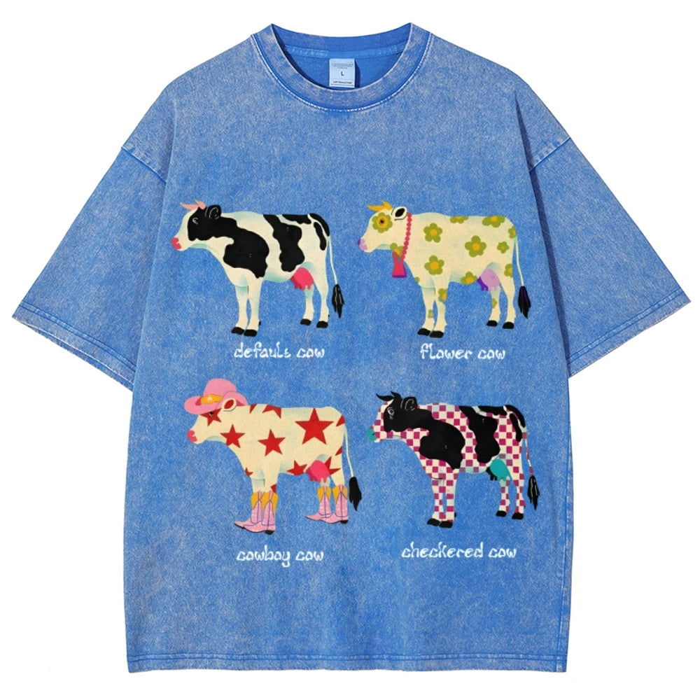 Cute Cartoon Cow Print T-Shirt Pure Cotton Washed - myfunfarm