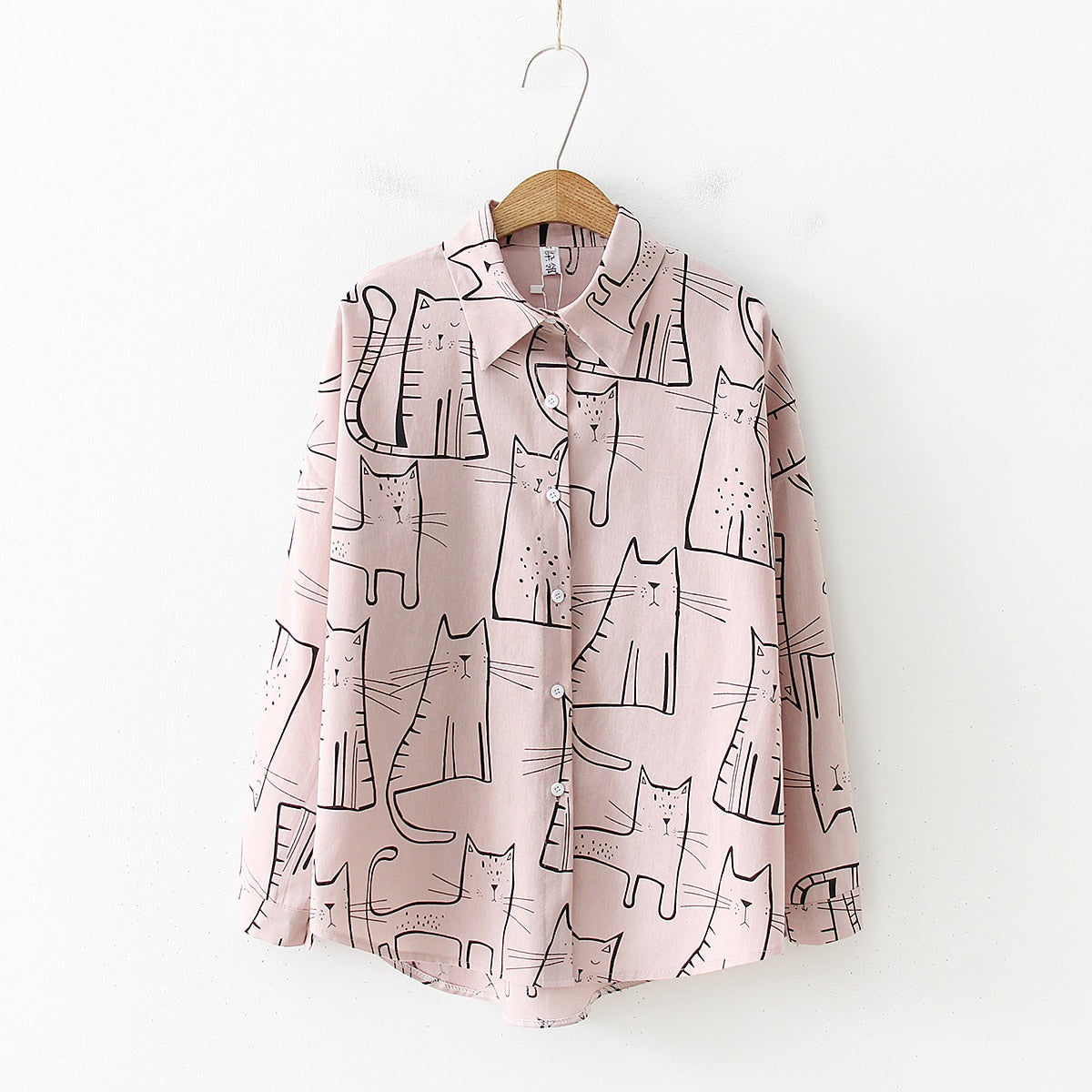 Vintage Women Long Sleeve Shirts Cute Cat Pattern Casual Blosues Ladies