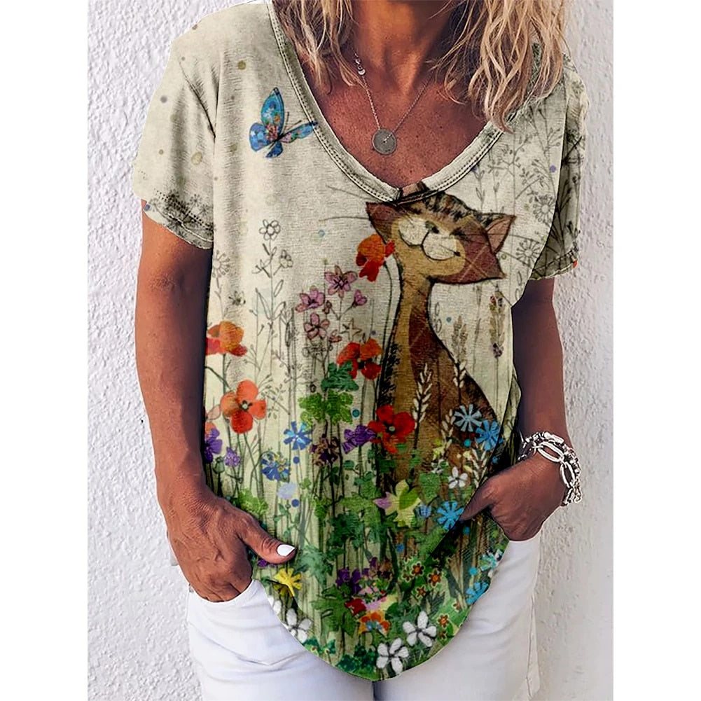 T-Shirt Cat Graphic V-neck Short Sleeve Tees Female