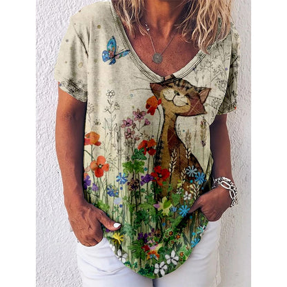 T-Shirt Cat Graphic V-neck Short Sleeve Tees Female