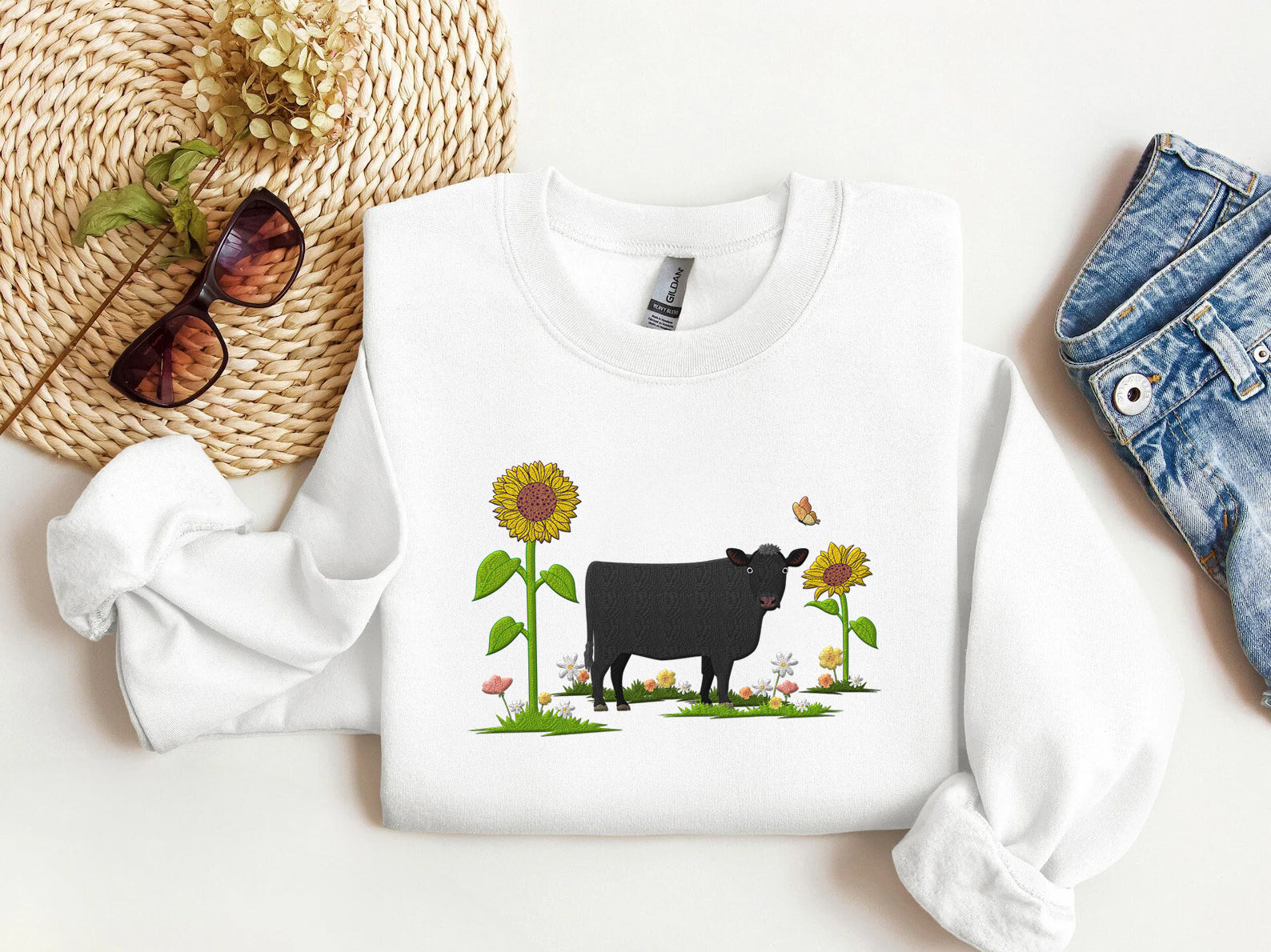 Cute Cow Embroidered Sweatshirt, Hoodie, T-shirt, Gift for Farmer - myfunfarm