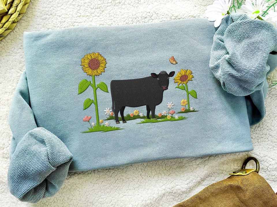 Cute Cow Embroidered Sweatshirt, Hoodie, T-shirt, Gift for Farmer