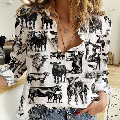 Angus Cattle pattern Women's Mock Linen Shirts for farmers - myfunfarm