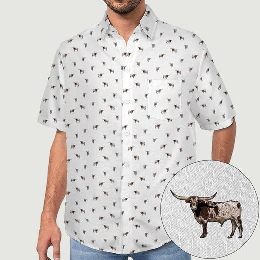 Texas longhorn icon pattern - Men's Linen Short Sleeve Shirt for farmers - myfunfarm
